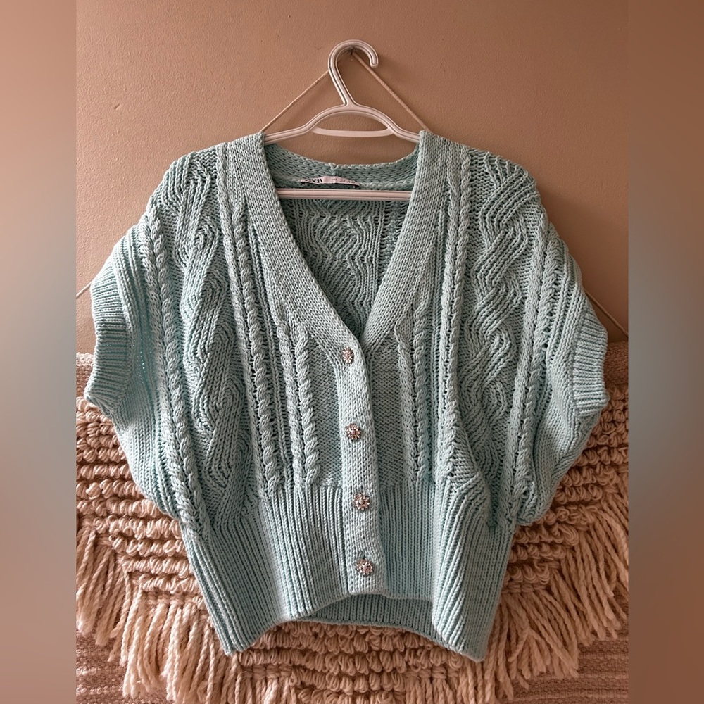 Zara Light Mint Cable-Knit Cropped Cardigan